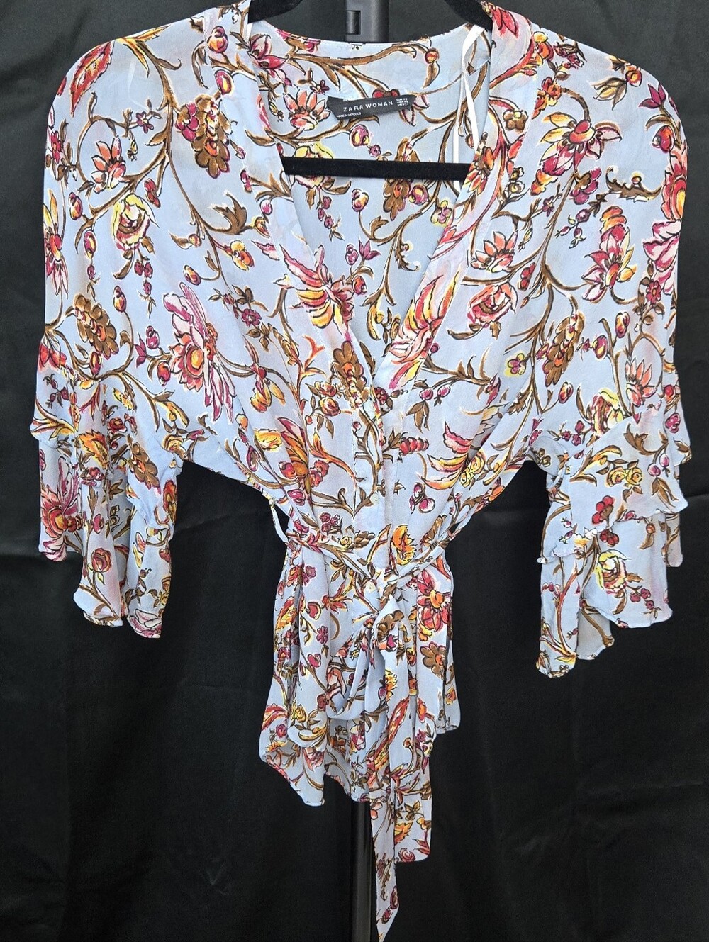 Zara Blouse Woman Floral Paisley Chiffon V Neck Blouse Medium